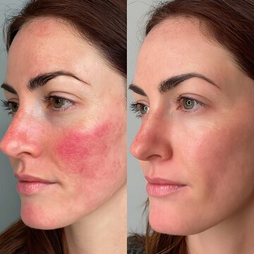before after rosacea treatment, red inflamed cheeks vs calm even skin tone,