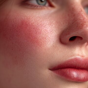 macro skin rosacea on cheeks, redness inflammation detail, pores visible, high realism, medical skincare concept