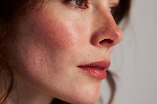 minimal portrait woman with mild rosacea redness, natural beauty,