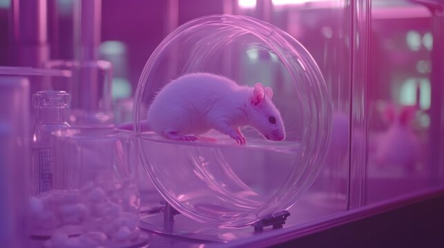 White Rat Running in Laboratory Exercise Wheel