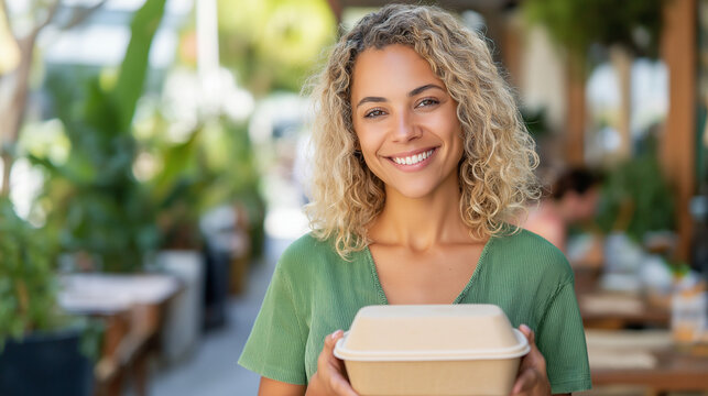 Smiling young woman holding reusable food container at outdoor cafe promoting sustainable lifestyle zero waste takeaway and eco friendly dining choice
