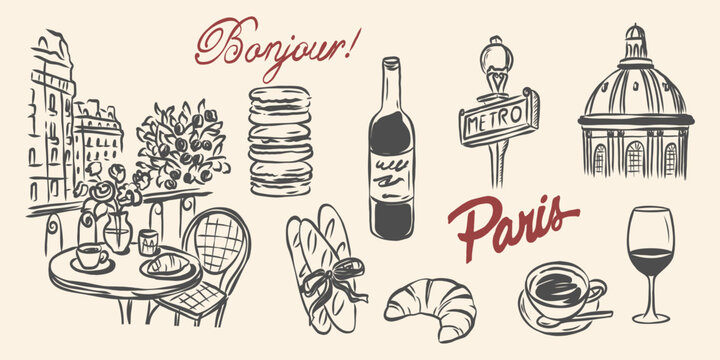 Line art vintage French vacation elements