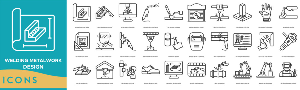 Welding Metalwork Design icon set, Industrial Welding Process, Metal Fabrication Design, Welding Torch Illustration, Arc Welding Technique, Welding Workshop Concept and Metal Cutting Process