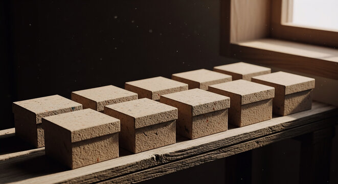 A row of 12 square boxes made of textured paper material placed on a rustic wooden shelf in a warm sunlit room with soft shadows and floating dust