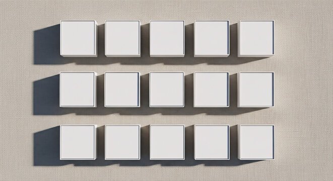 A top down view of 12 square boxes neatly arranged on a textured canvas background perfect for minimalist product mockup branding and creative design projects.