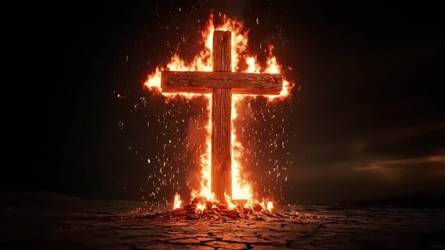 Burning cross on fire at night.