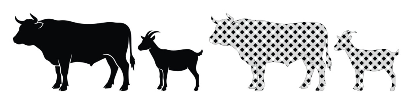 Black farm animal silhouettes, bull and goat vector icons, livestock cattle and caprine shapes with polka dot patterns, 4 elements collection