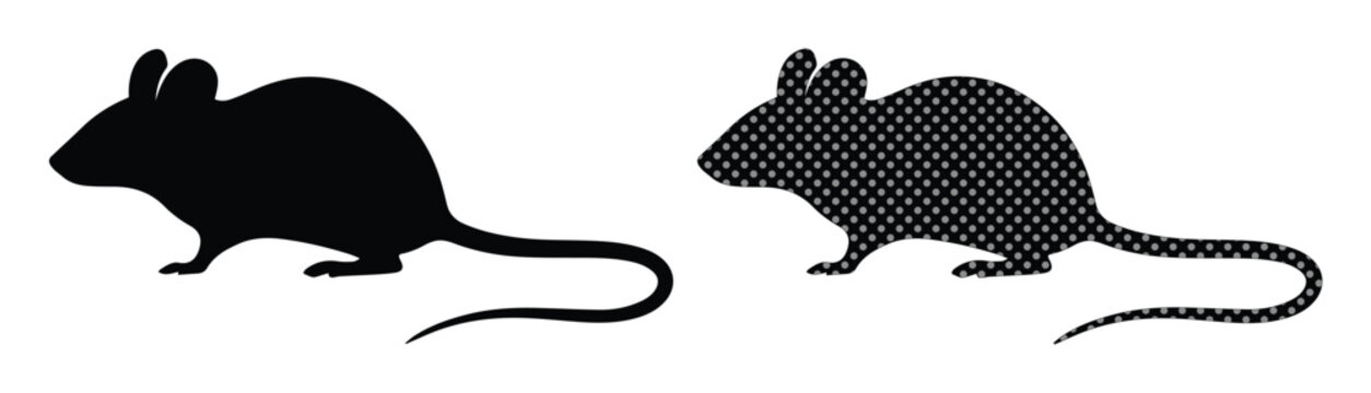 Black mouse silhouette set, solid and halftone pattern rat vector icons, rodent animal shapes for pest control and wildlife design