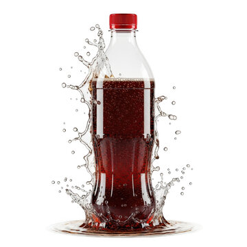 Broken red soda bottle spilling liquid with shattered glass on transparent background