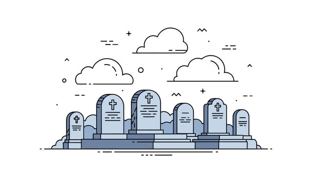 Traditional cemetery with various tombstones under a cloudy sky illustrated in a clean line art style for bereavement or history concepts.