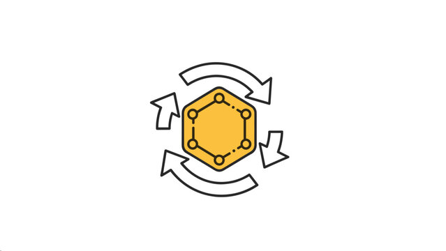 Yellow hexagonal core surrounded by circular arrows represents a recycling process or continuous manufacturing cycle in industrial design.