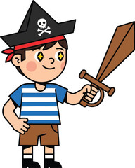 Obraz premium Young Boy Dressed as Pirate Holding Wooden Sword, Cartoon Style