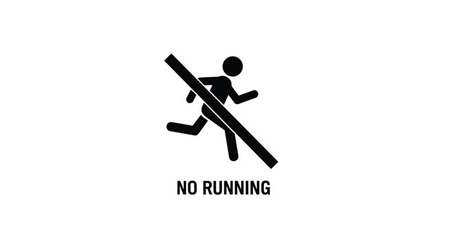 Silhouette of a running person inside a forbidden sign with the text no running used to enforce safety and order in hallways or pools.