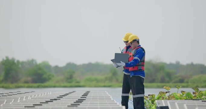 Software engineers collaborate, discuss ways to enhance a smart energy analytics app for floating solar operation. Real-time monitoring optimizes data usage, analyzes efficient consumption insights.
