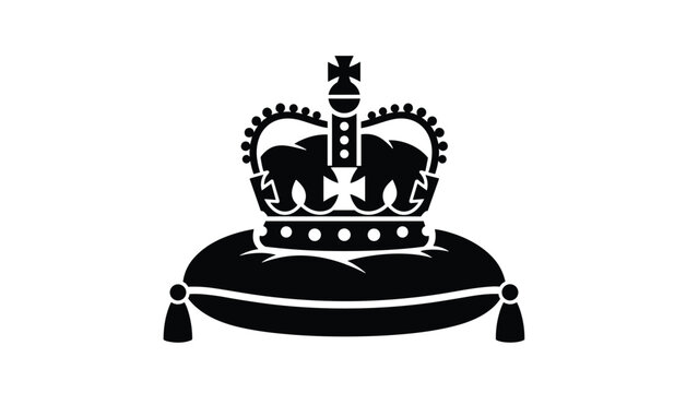 Royal crown resting on ceremonial cushion icon in solid black and white style representing monarchy and authority concepts.