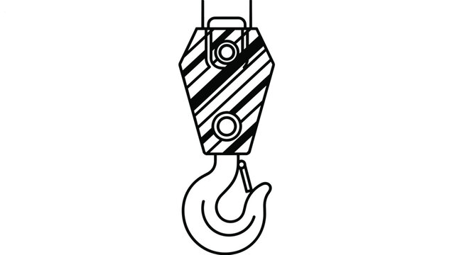 Heavy duty industrial crane hook illustration in line art style for construction lifting and engineering project concepts.