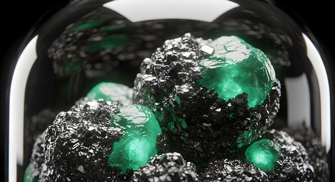 Close‑Up 3D Rendering of Shiny Dark Metallic Ore Containing Glowing Green Radioactive Uranium‑Like Mineral Nuggets Encased Under Glass Dome, Symbolizing Raw Nuclear Fuel, Hazardous Materials and Futur