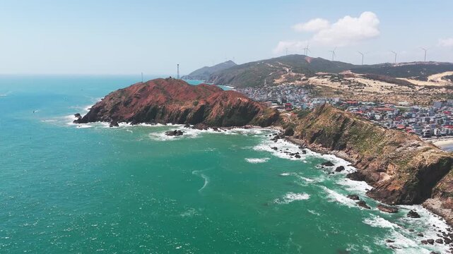 Aerial Drone Sweep Eo Gio Rocky Cape Turquoise Sea Volcanic Rocks Quy Nhon Vietnam