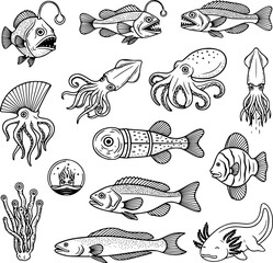 Obraz premium Sea creatures vector illustration set featuring various deep ocean marine animals including exotic fish squid octopus and coral elements in black and white line art