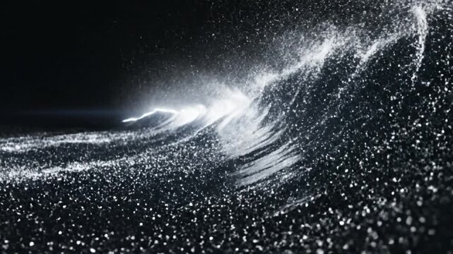 Abstract animation of white glowing particles forming a wave-like flowing pattern moving from the bottom left corner across a solid black background, dynamic motion design.