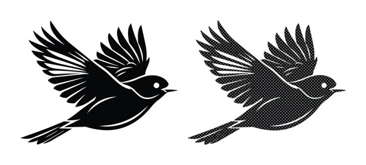Obraz premium Vintage flying bird silhouettes, black sparrow or swallow vector icons, elegant avian wildlife graphics for logo design and branding