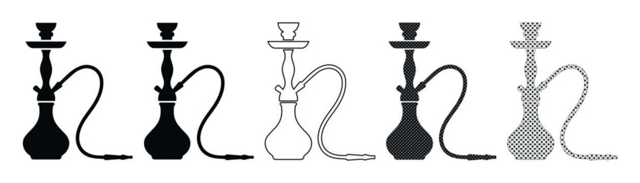 Hookah shisha silhouette icons set, traditional smoking water pipe vector collection, black and white oriental nargile symbols for lounge bar