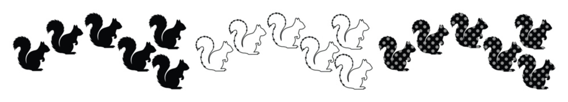 Minimalist squirrel icon set, black silhouette and outline squirrel vector graphics, 15 animal design elements for nature branding