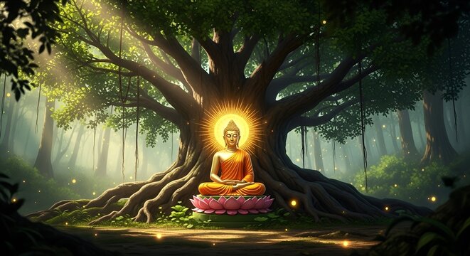 Meditating lord buddha under a sacred bodhi tree for mahavir jayanti spiritual background and holy buddha purnima festival with glowing light and forest magic .