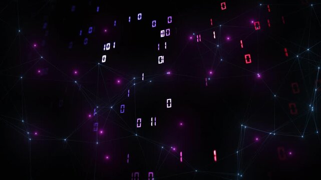 Abstract digital space with floating binary numbers, glowing particles, and connecting lines, representing data flow, cyberspace, and modern network technology. Seamless looping.
