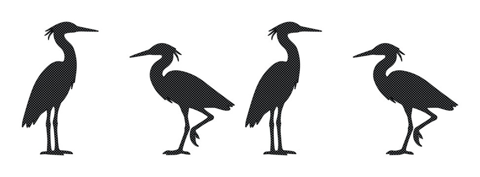 Heron bird silhouette vector set, black egret and crane standing icons, 4 bird elements for nature logo design and wildlife branding
