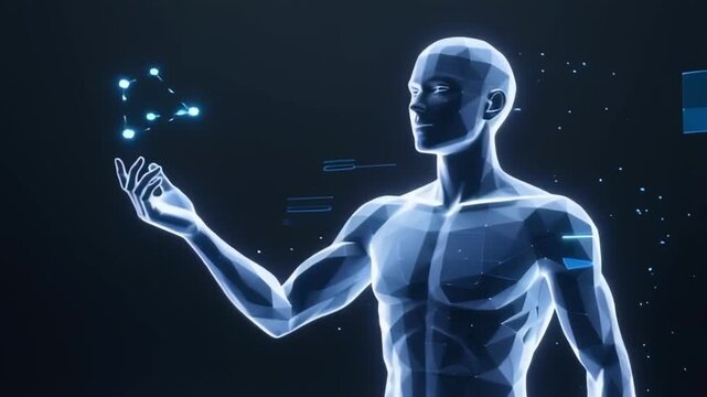 Futuristic cyborg hand holding glowing digital network in 4k cinematic footage