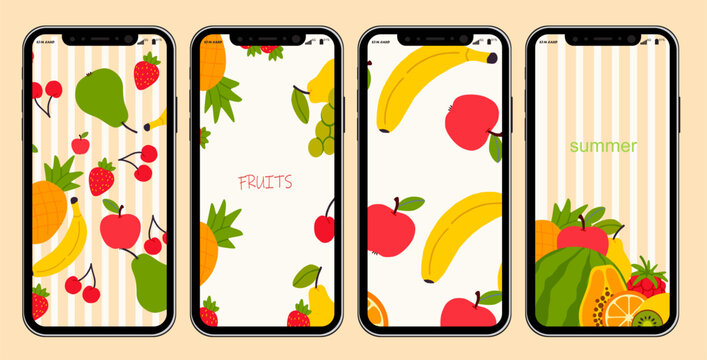 summer poster with tropical fruits lay out background. Vector illustration holiday season banner and collection, smartphone mockup, screen layout 