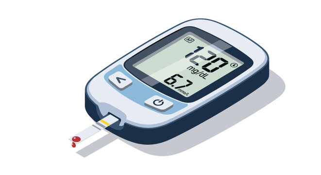Digital diabetes blood sugar meter displaying glucose level on a white background with shadow, featuring a test strip and clear digital readout