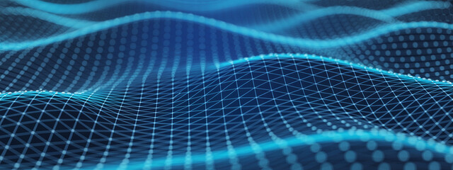 Naklejka premium Abstract digital landscape with blue glowing mesh waves and connected data points representing cyberspace architecture futuristic technology background for modern network communication.
