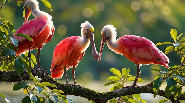 Three roseate spoonbills with vibrant pink plumage perched on a mossy tree branch surrounded by green leaves under golden natural sunlight with a blurred forest background.