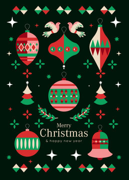 Christmas ornaments, trees and birds in flat style on dark background, symbolizing festive holiday celebration. Vector illustration