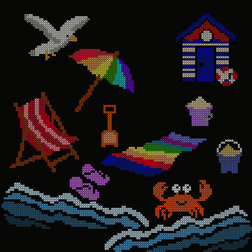 Summer beach elements collection in cross stitch embroidery style on black background, pixel art seaside icons set.
