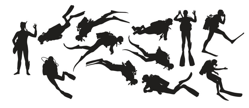 collection of scuba diver silhouettes in different poses  