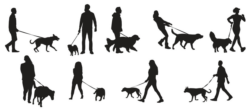  collection of walk with dog silhouettes in different poses 