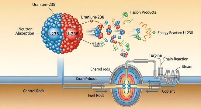 Educational diagram of nuclear reactor showing uranium‑235 and uranium‑238 fission, neutron absorption, release of fission products and heat that boils water into steam, driving turbine and generator 