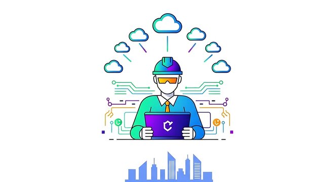 Remote worker with laptop and cloud.