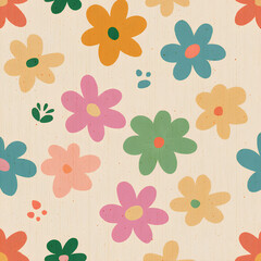 Obraz premium Retro pastel floral pattern with colorful flowers in playful shapes on beige background showcasing nostalgic design and cheerful decorative style