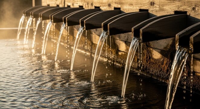 Water cascading from multiple spouts into a natural pool