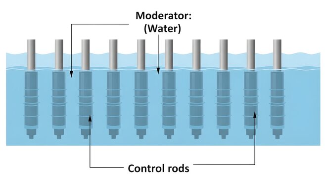 Simple schematic of nuclear reactor control system showing vertical control rods immersed in water moderator, illustrating how inserting or withdrawing rods regulates neutron flux and power output in 