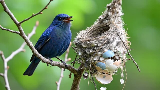 A dark blue songbird perched on a thin tree branch next to its hanging nest which contains broken blue eggshells, suggesting a failed nesting attempt in a natural forest environment.