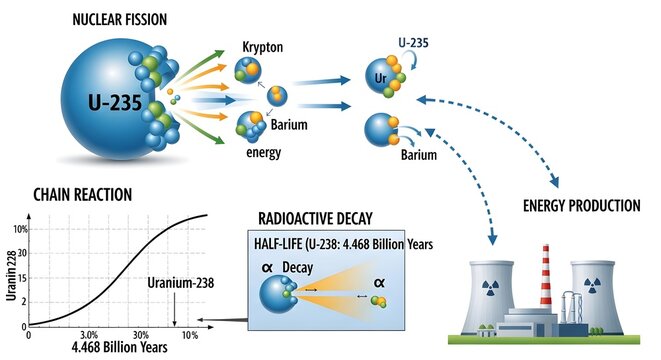 Diagram explaining nuclear fission of uranium‑235, showing splitting nucleus into krypton and barium, release of neutrons and energy, radioactive decay and chain reaction curve leading to large‑scale 
