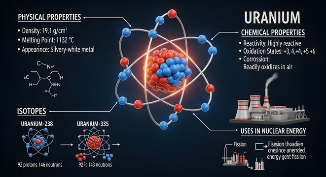 Detailed uranium infographic illustrating atomic nucleus, physical and chemical properties, key isotopes U‑235 and U‑238, oxidation states, radioactivity and primary use in nuclear reactors for electr