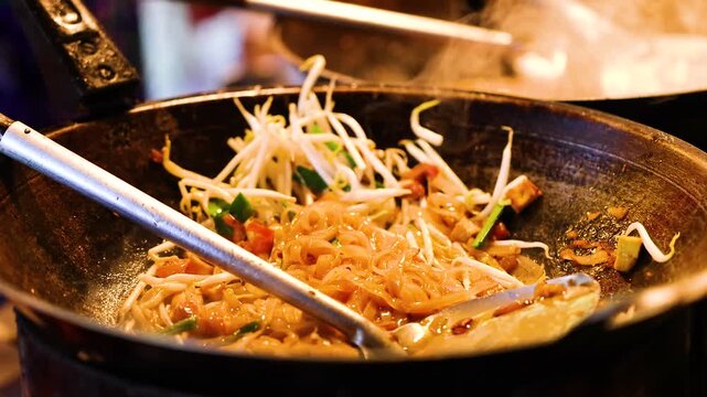 Chef cooking pad thai noodles with vegetables and bean sprouts in a hot wok, street food preparation at night market.