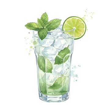 Cool mojito cocktail with fresh mint leaves lime slices and ice cubes in glass on transparent background