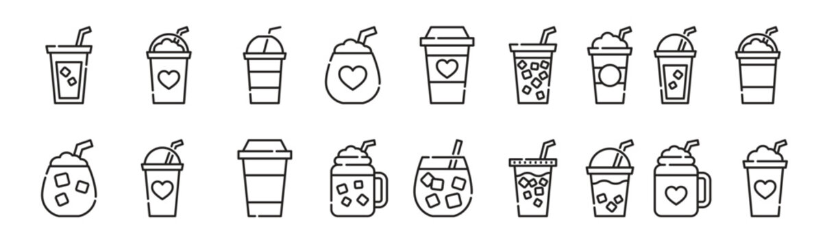 Iced coffee cup icon. Thin line coffee mug.